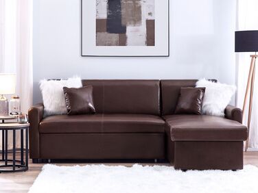 Left Hand Faux Leather Corner Sofa Bed with Storage Dark Brown OGNA