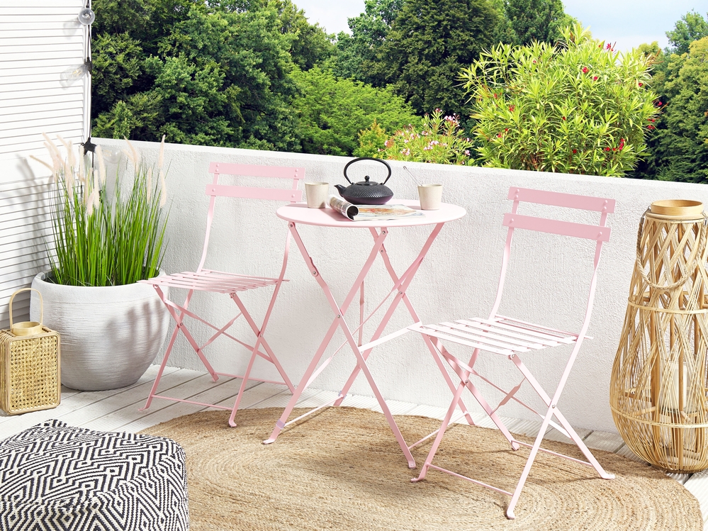 Salon de jardin bistrot table et 2 chaises en acier rose pastel