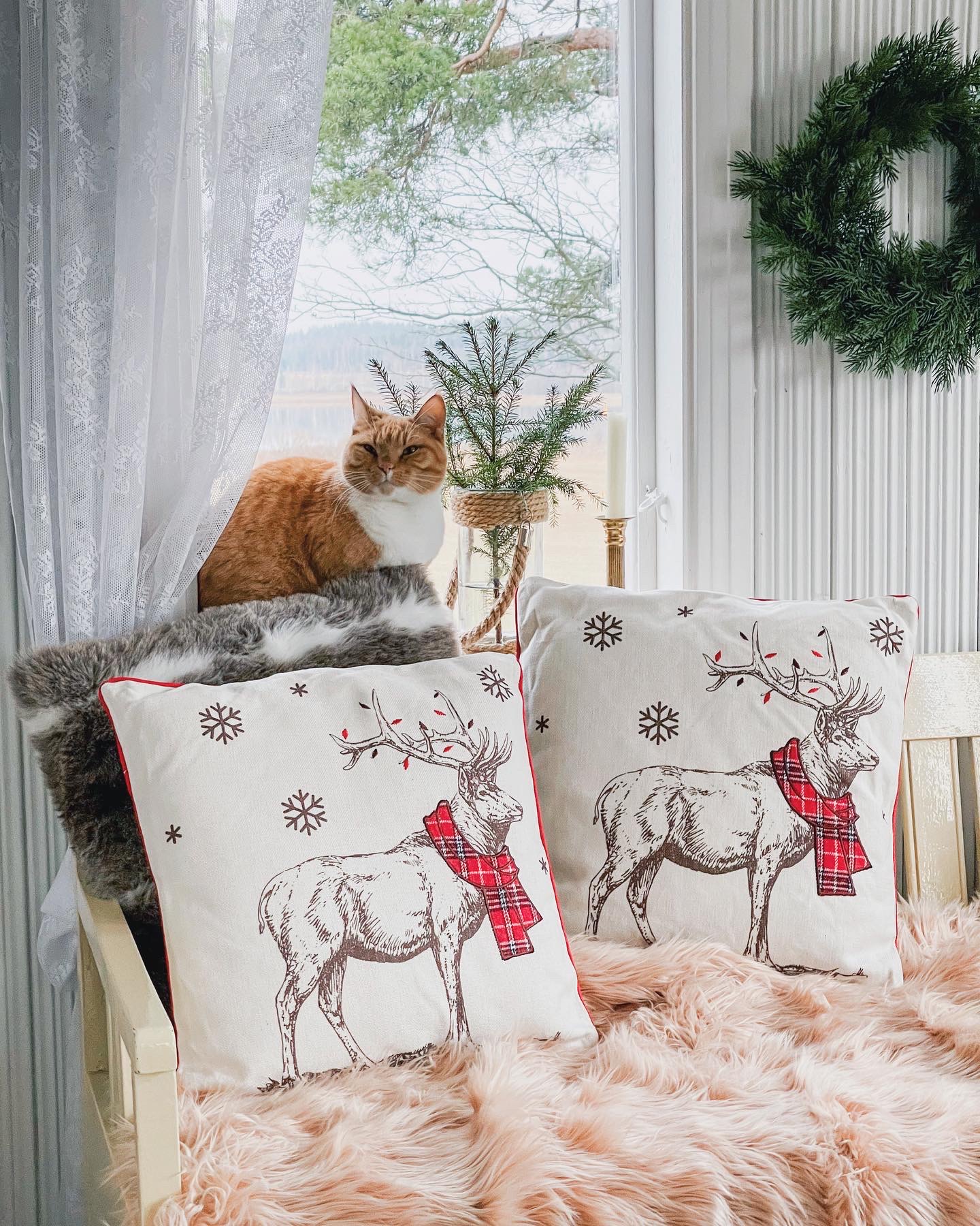 Set of 2 Cushions Reindeer Motif 45 x 45 cm Red and White SVEN_884092
