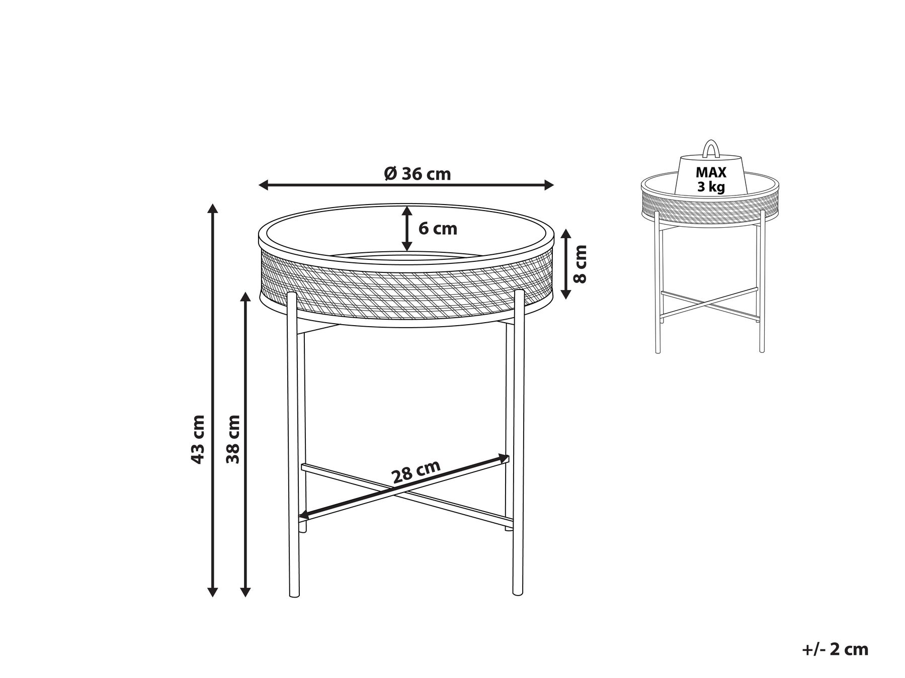 Tray Side Table Black with Light Rattan VIENNA Beliani.co.uk