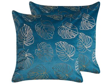 Set of 2 Velvet Cushions Leaf Print 45 x 45 cm Blue MONSTERA