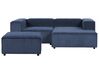 Kombinálható kétszemélyes bal oldali kék kordbársony kanapé ottománnal APRICA_909340