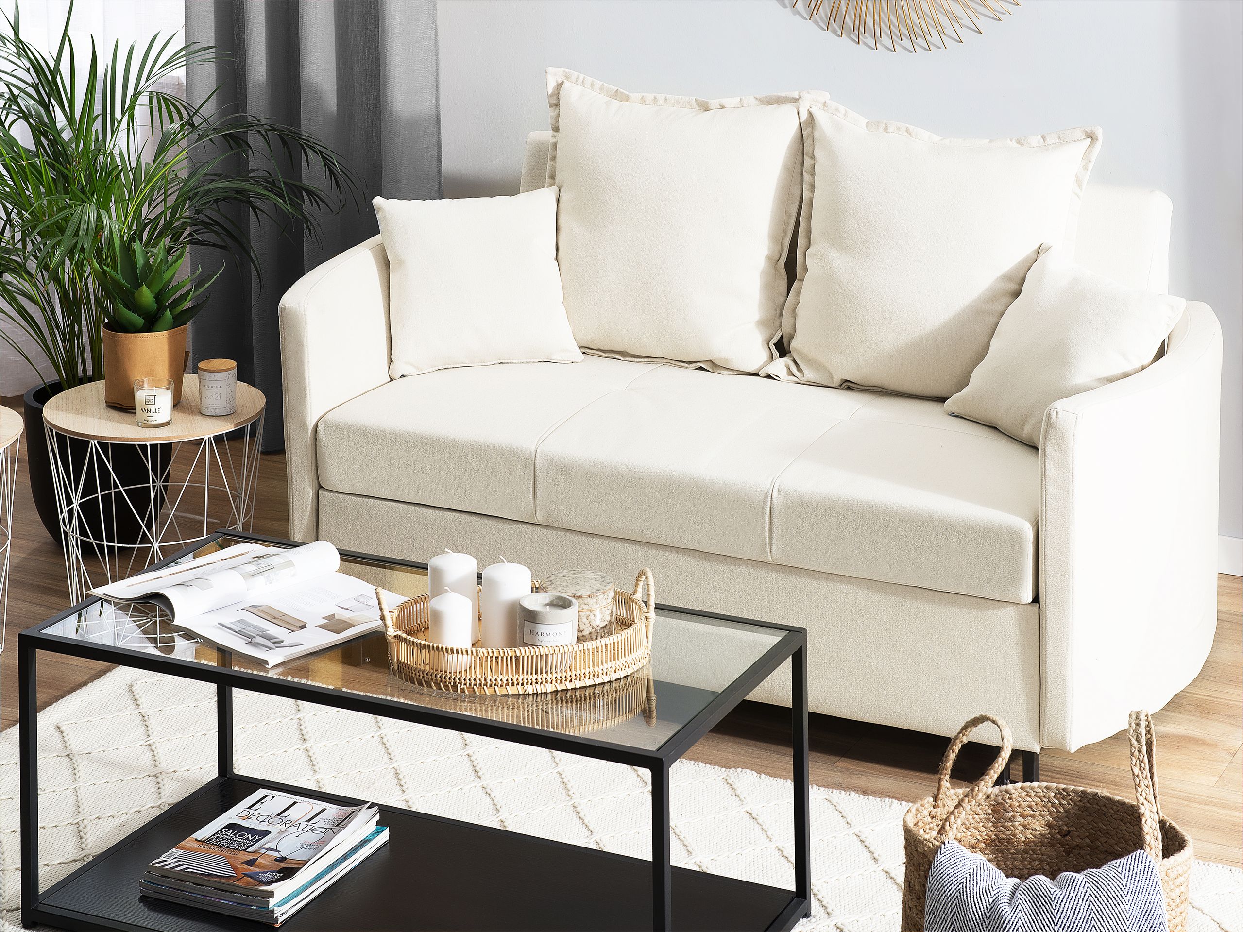 Sofá-cama de 2 lugares em tecido creme HOVIN