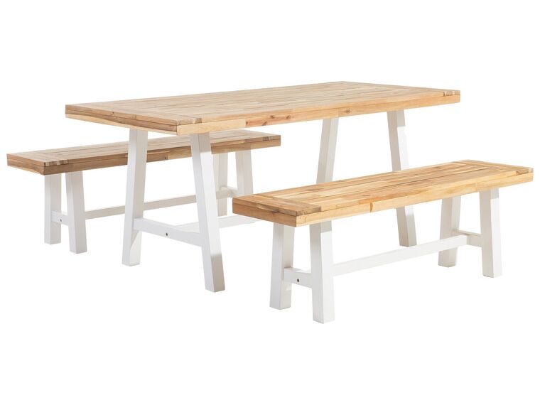 Zestaw ogrodowy drewniany stół i 2 ławki biały SCANIA_475647