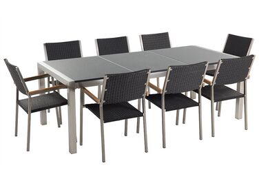 Table de jardin acier inox plateau granit triple gris poli 220 cm 8 chaises en rotin GROSSETO