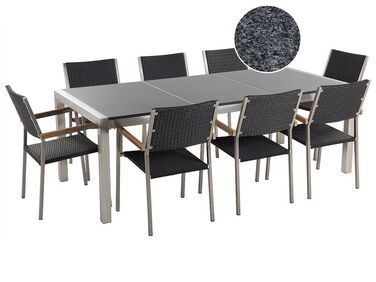 Table de jardin acier inox plateau granit triple gris poli 220 cm 8 chaises en rotin GROSSETO