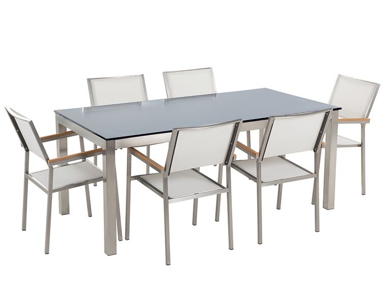 Conjunto de jardín mesa en vidrio negro 180 cm, 6 sillas blancas GROSSETO_677244