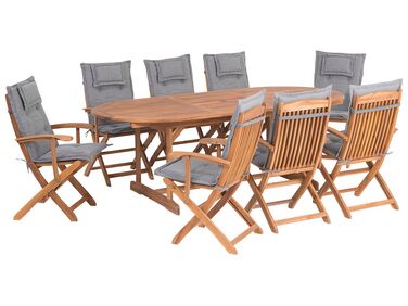 Trädgårdsmöbelset av bord och 8 stolar med dynor i grå MAUI