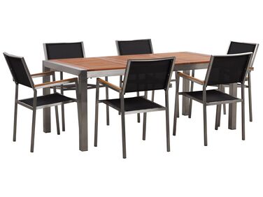 Conjunto de mesa com tampo em madeira de eucalipto 180 x 90 cm e 6 cadeiras pretas GROSSETO