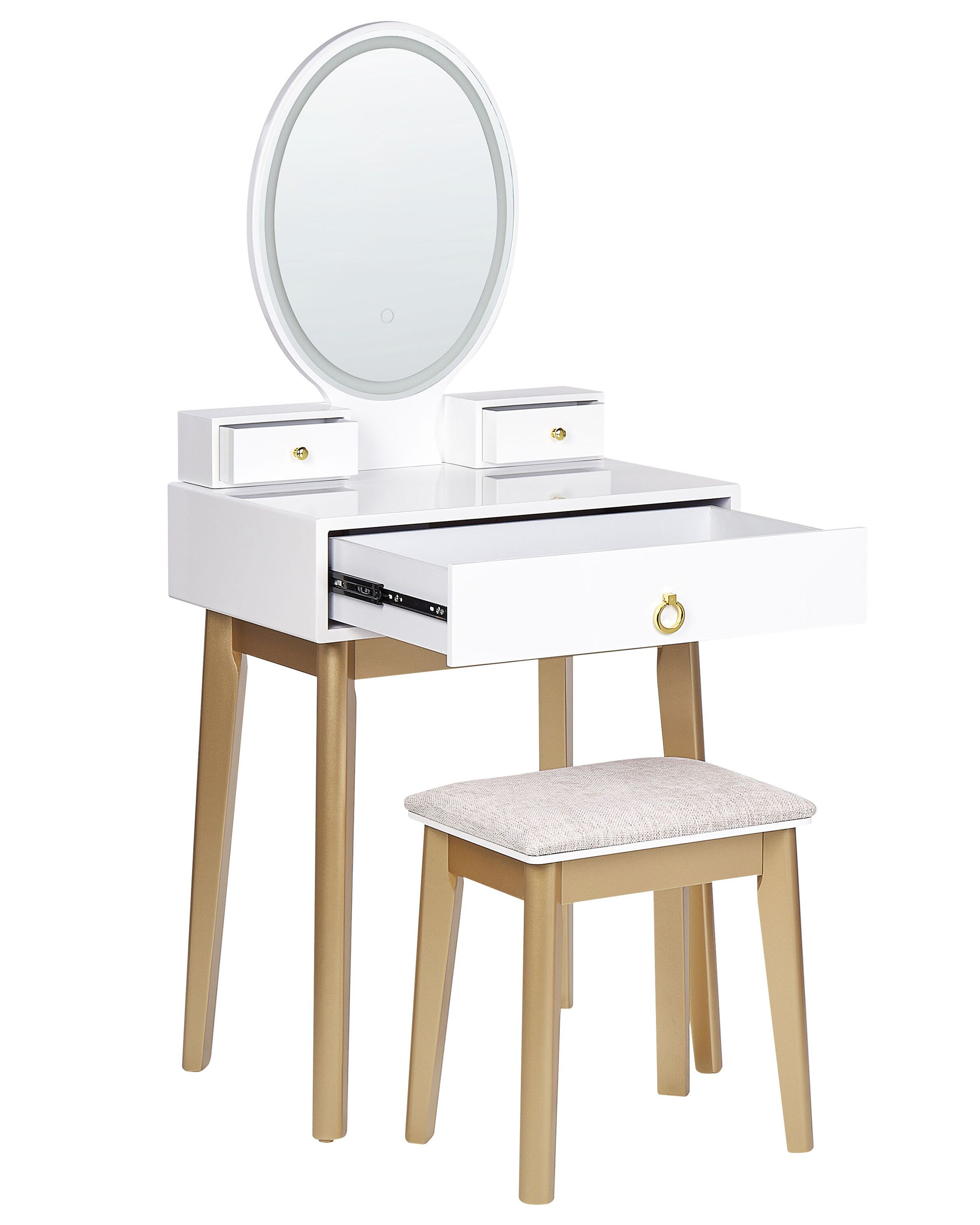 3 Drawers Dressing Table with LED Mirror and Stool White and Gold ROSEY