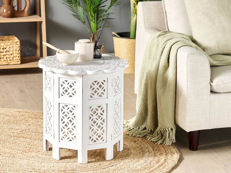 Mango Wood Side Table OffWhite BADHI Beliani.co.uk