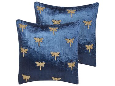 Set of 2 Embroidered Velvet Cushions Dragonfly Motif 45 x 45 cm Navy Blue BLUESTEM