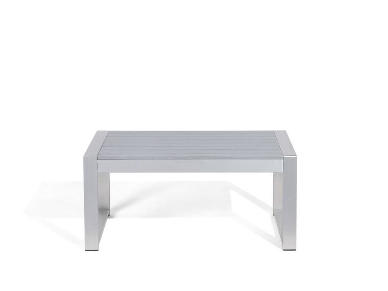 Salon de jardin en aluminium coussin en tissu gris clair table basse