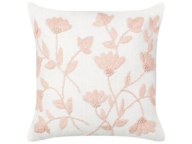 Bawełniana poduszka dekoracyjna haftowana w kwiaty 45 x 45 cm biała z różowym LUDISIA