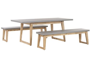 Set de jardin table avec deux bancs en fibre-ciment gris et bois clair ORIA