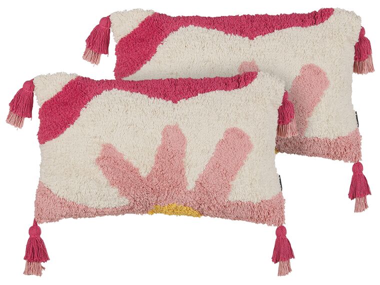 2 bawełniane poduszki dekoracyjne tuftowane z frędzlami 30 x 50 cm różowo-białe ACTAEA_888119
