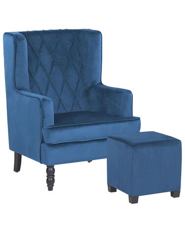 Fotel welurowy z podnóżkiem niebieski SANDSET