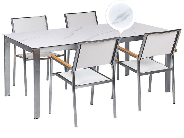Négyszemélyes márványhatású üveg étkezőasztal fehér székekkel COSOLETO/GROSSETO_881709