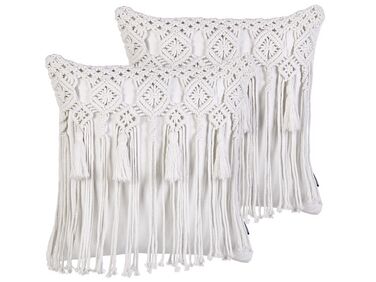 Set of 2 Cotton Macrame Cushions with Tassels 45 x 45 cm White BAMIAN