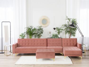Left Hand Modular Velvet Sofa with Ottoman Pink ABERDEEN