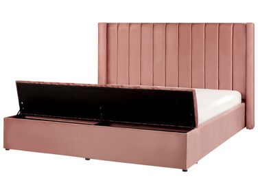 Cama de casal com arrumação em veludo rosa 180 x 200 cm NOYERS