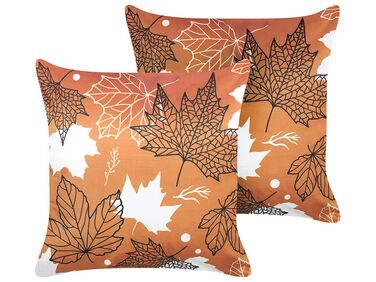 Set of 2 Velvet Cushions Leaf Pattern 45 x 45 cm Orange POINSETTIA