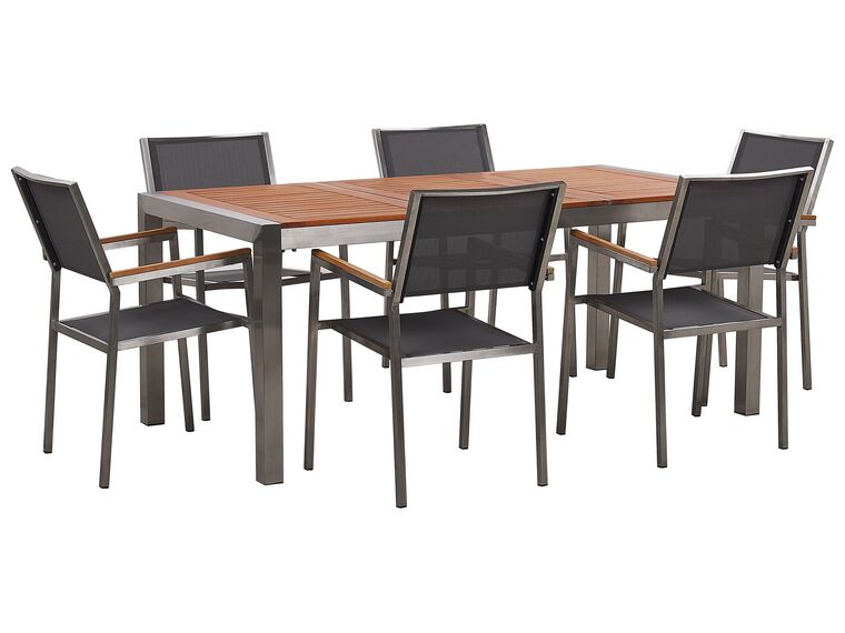 Conjunto de mesa com tampo em madeira de eucalipto 180 x 90 cm e 6 cadeiras cinzentas GROSSETO_768424