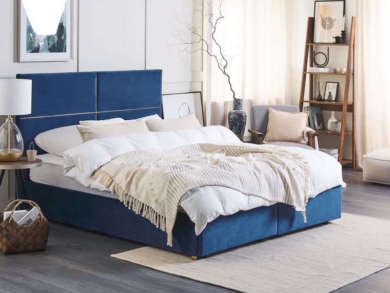 Velvet EU King Size Ottoman Bed with Drawers Blue VERNOYES Beliani.co.uk