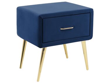 Zamatový nočný stolík so zásuvkou modrý FLAYAT