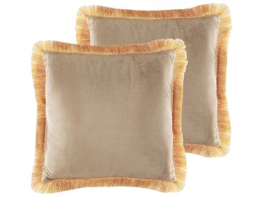 Set of 2 Fringed Velvet Cushions 45 x 45 cm Beige POTHOS