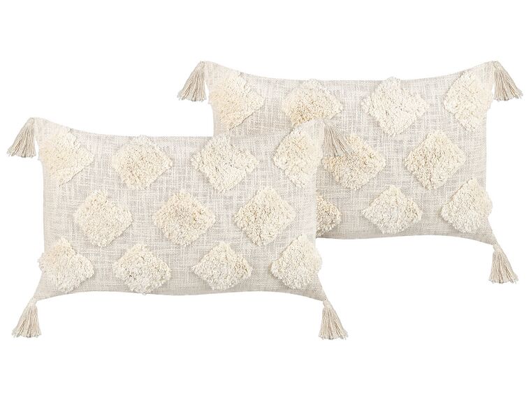 2 bawełniane poduszki dekoracyjne tuftowane z frędzlami 35 x 55 cm beżowe PAPAVER_839014