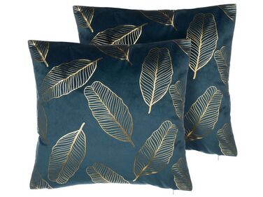 Set of 2 Velvet Cushions Leaf Pattern 45 x 45 cm Teal Blue FREESIA