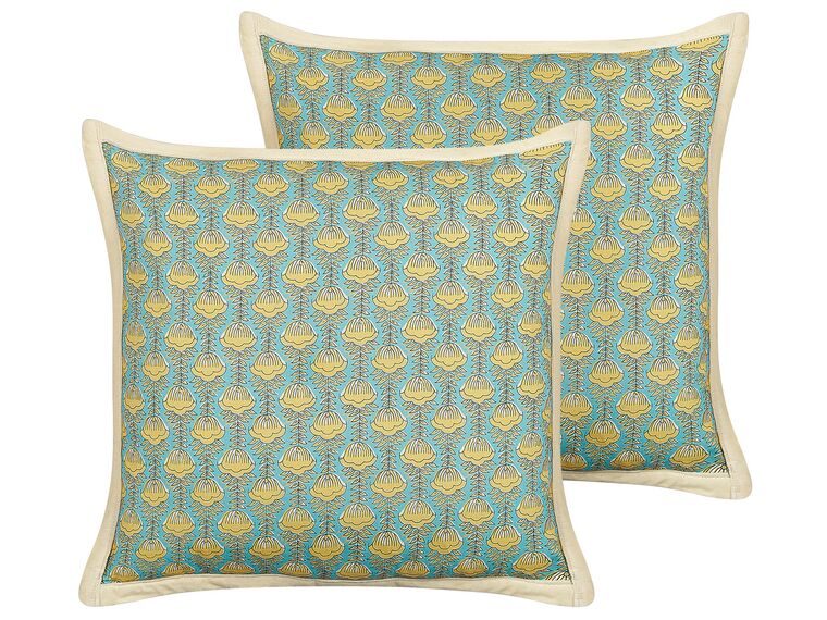 Set of 2 Cotton Cushions Flower Pattern 45 x 45 cm Blue and Yellow WAKEGI_838909