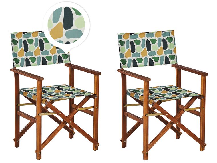 Set of 2 Acacia Folding Chairs and 2 Replacement Fabrics Dark Wood with Grey / Geometric Pattern CINE_819365