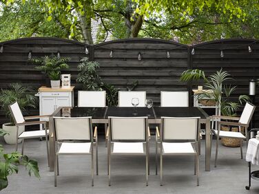 8 Seater Garden Dining Set Black Granite Triple Plate Top and White Chairs GROSSETO 