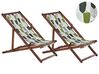 Set of 2 Acacia Folding Deck Chairs and 2 Replacement Fabrics Dark Wood with Off-White / Green Leaf Pattern ANZIO_819830