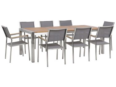 Table de jardin plateau bois eucalyptus 220 cm et 8 chaises grises GROSSETO