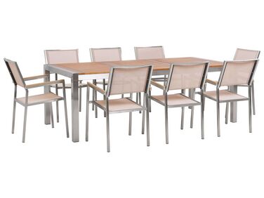 Conjunto de jardín mesa con tablero de madera 220 cm con 8 sillas beige GROSSETO