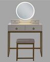 Coiffeuse blanc et doré avec miroir à LED et tabouret AUXON_844813