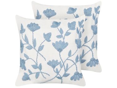 2 bawełniane poduszki dekoracyjne haftowana w kwiaty 45 x 45 cm białe z niebieskim LUDISIA