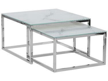 Conjunto de 2 mesas de centro de vidrio templado efecto mármol blanco/plateado BREA