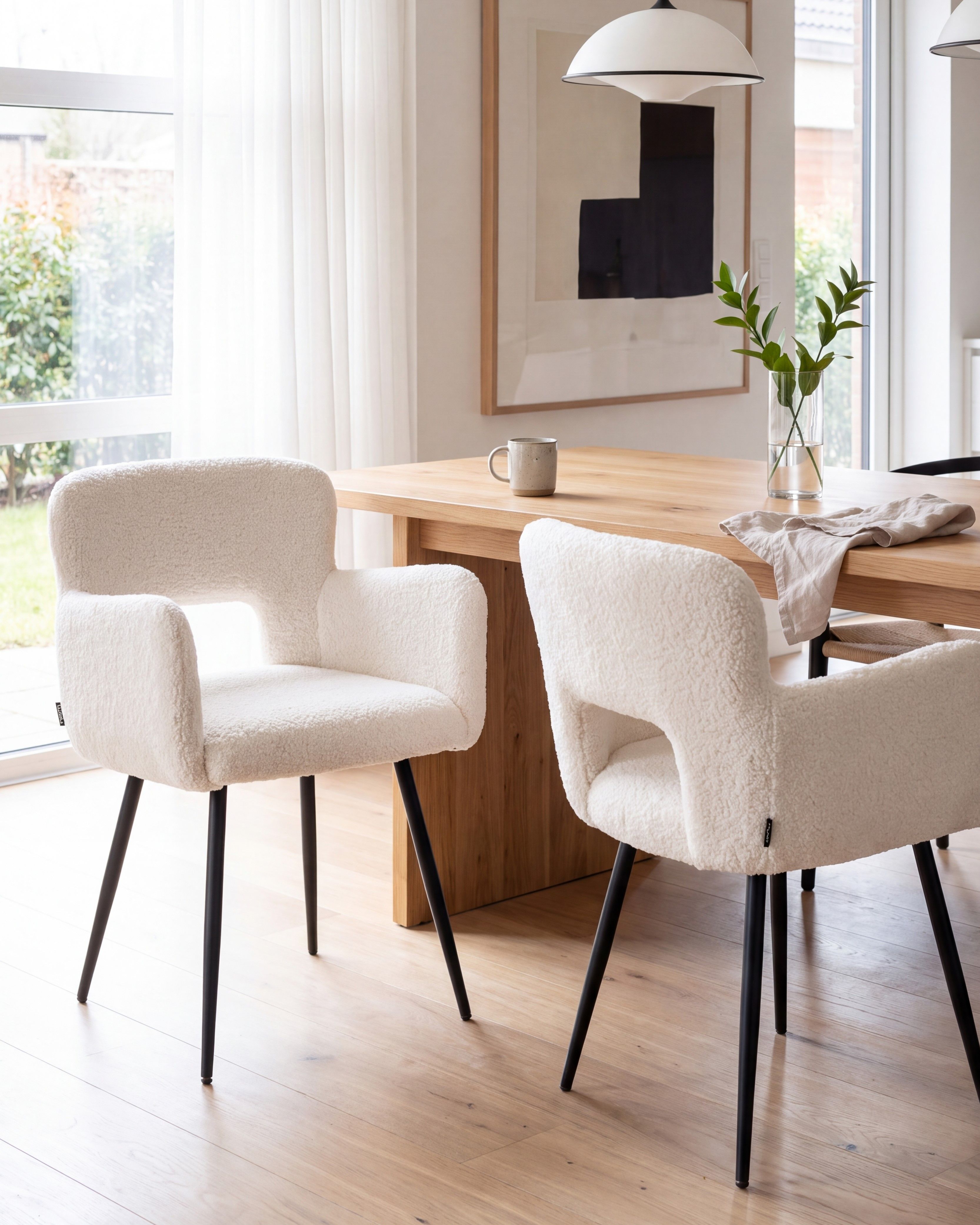 XINMICS Modern White Boucle Dining Chairs Set of 2, Upholstered with Wide Metal Legs XINMICS Modern White Boucle Dining Chairs Set of 2, Upholstered with Wide Metal Legs