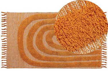 Teppich Baumwolle orange 80 x 150 cm geometrisches Muster Fransen Kurzflor HAKKARI