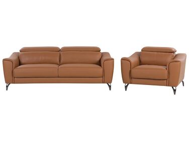 Conjunto de sofás reclináveis de 4 lugares em pele castanha dourada NARWIK