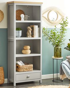 Kirjahylly 4 hyllyä laatikko vaaleanharmaa CLIO