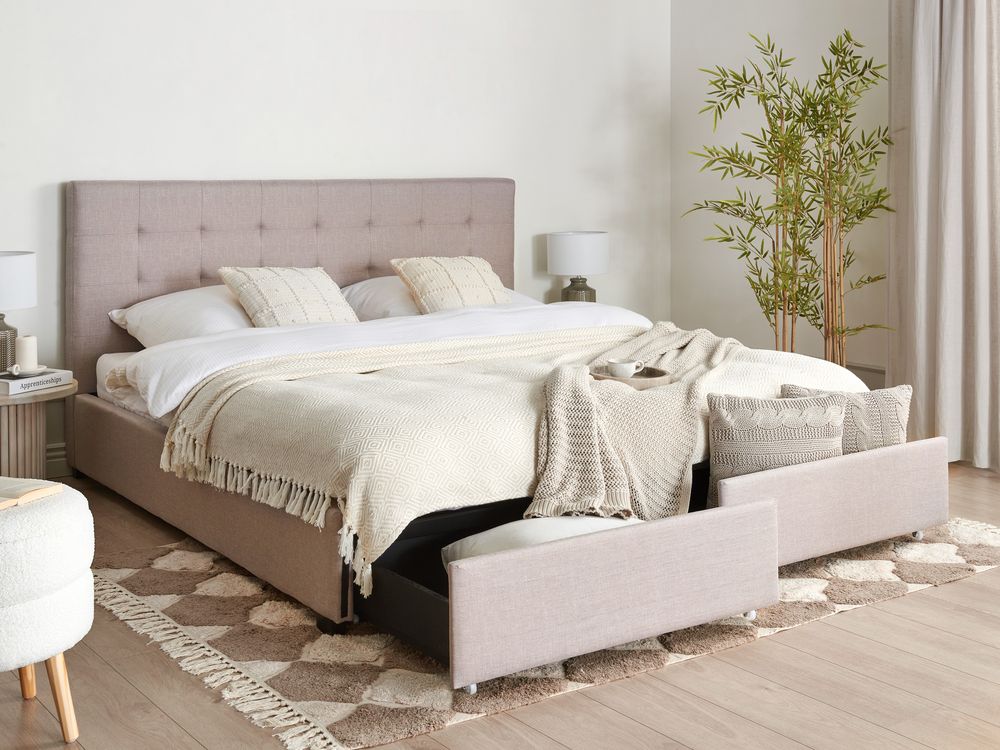 Cama tapizada con almacenaje gris claro, varios tamaños LA ROCHELLE