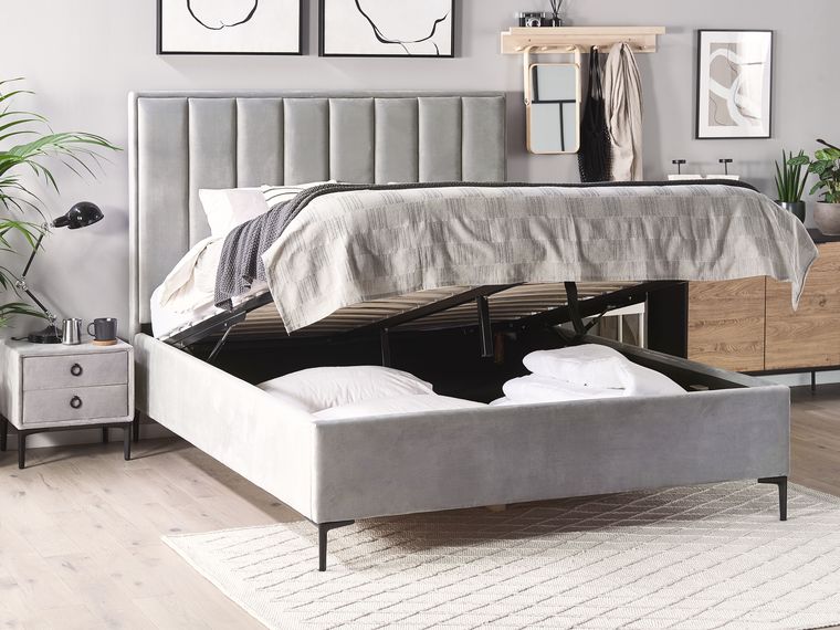 Velvet EU King Size Ottoman Bed Grey SEZANNE Beliani.co.uk