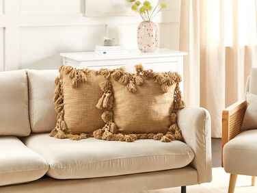 Set of 2 Cotton Cushions with Tassels 45 x 45 cm Sand Beige OLEARIA