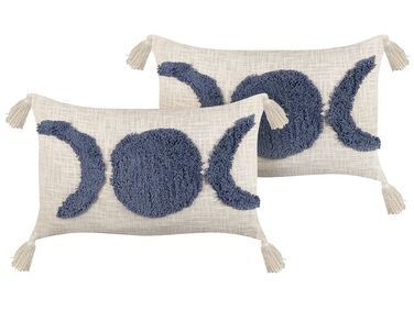 Set of 2 Tufted Cotton Cushions with Tassels 35 x 55 cm Beige and Blue LUPINUS