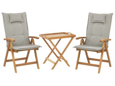 Set di 2 sedie con cuscini grigio beige e tavolino in legno di acacia JAVA